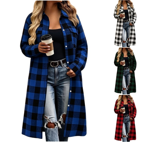 Husipze Womens Plaid Long Shacket Lapel Button Front Long Sleeve Loose Casual Jacket with Chest Pockets Fall Winter Outerwear Blue S