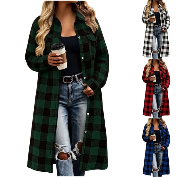 Husipze Womens Plaid Long Shacket Lapel Button Front Long Sleeve Loose Casual Jacket with Chest Pockets Fall Winter Outerwear Green XL