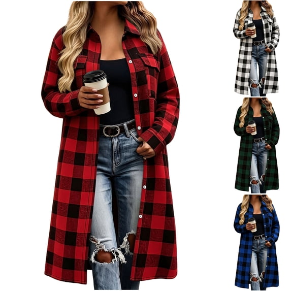 Husipze Womens Plaid Long Shacket Lapel Button Front Long Sleeve Loose Casual Jacket with Chest Pockets Fall Winter Outerwear Wine S
