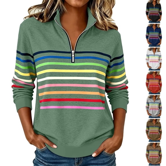 Husipze Womens Quarter Half Zip Pullover Mock Neck Sweatshirt Long Sleeve Striped Casual Fall Winter Shirt Army Green 2XL
