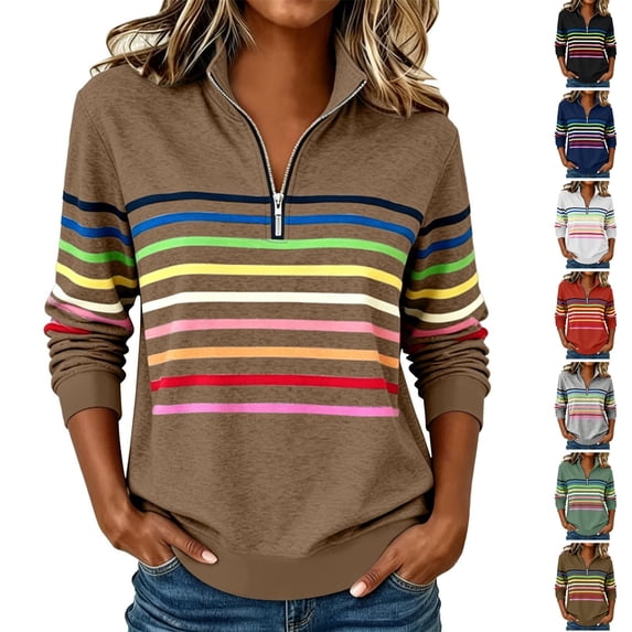 Husipze Womens Quarter Half Zip Pullover Mock Neck Sweatshirt Long Sleeve Striped Casual Fall Winter Shirt Brown S