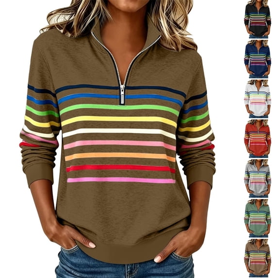 Husipze Womens Quarter Half Zip Pullover Mock Neck Sweatshirt Long Sleeve Striped Casual Fall Winter Shirt Coffee M