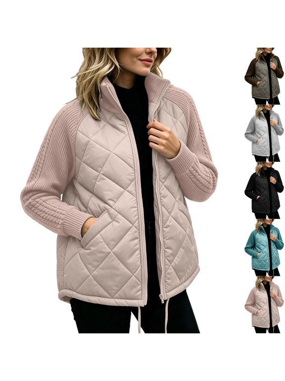 Womens Quilted Puffer Jacket Full Zip Contrast Knit Raglan Sleeves Soft Winter Coat Lightweight Warm Patchwork Outerwear Khaki S