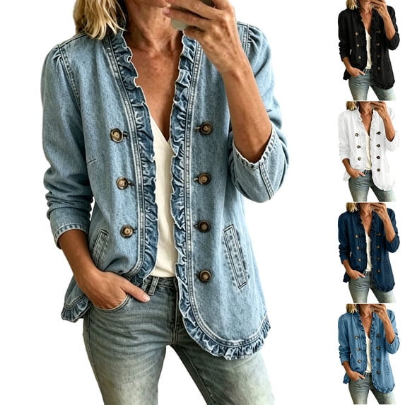 Husipze Womens Ruffle Trim Denim Jacket Lightweight Double Breasted Button Jean Jacket Long Sleeve Solid Color Shacket with Pockets Blue L