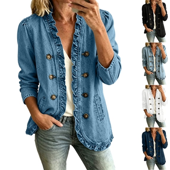 Husipze Womens Ruffle Trim Denim Jacket Lightweight Double Breasted Button Jean Jacket Long Sleeve Solid Color Shacket with Pockets Sky Blue M