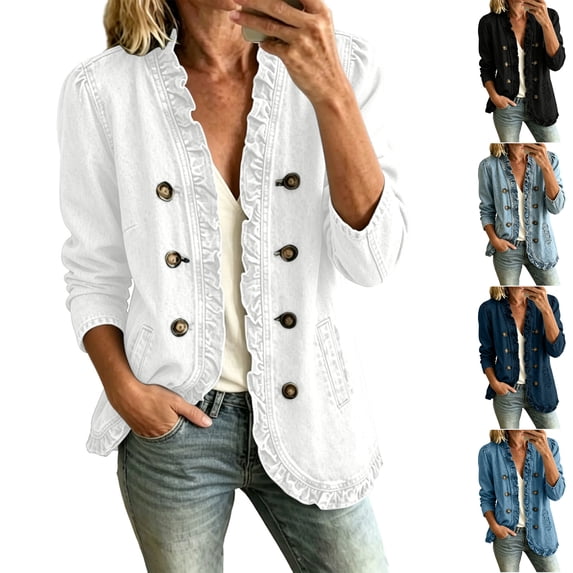 Husipze Womens Ruffle Trim Denim Jacket Lightweight Double Breasted Button Jean Jacket Long Sleeve Solid Color Shacket with Pockets White M