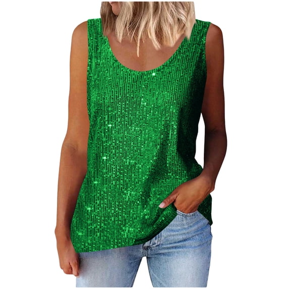 Husipze Womens Sequin Tank Tops Summer Loose Fit Scoop Neck Sleeveless Sparkly Shimmer Party Sleeveless Tanks Blouses Green M