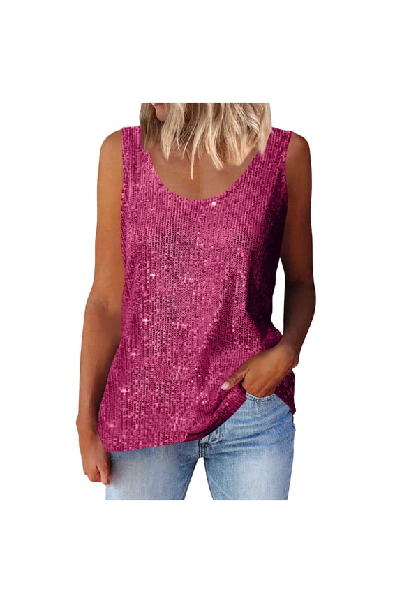 Womens Sequin Tank Tops Summer Loose Fit Scoop Neck Sleeveless Sparkly Shimmer Party Sleeveless Tanks Blouses Hot Pink XXL
