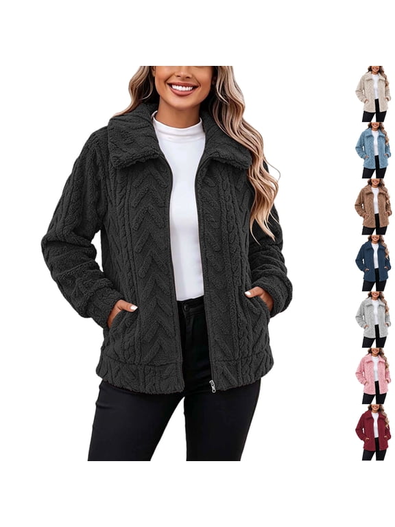 Womens Sherpa Fleece Jacket Collared Full Zip Long Sleeve Cozy Soft Textured Fuzzy Winter Coat Thick Warm Casual Outerwear Black 2XL