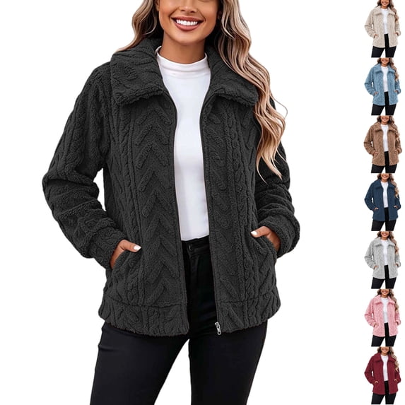 Husipze Womens Sherpa Fleece Jacket Collared Full Zip Long Sleeve Cozy Soft Textured Fuzzy Winter Coat Thick Warm Casual Outerwear Black S