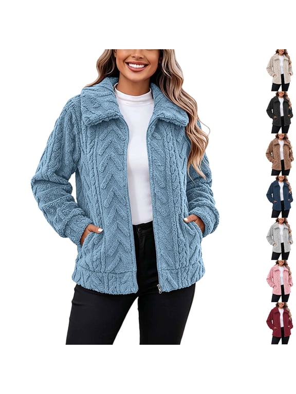 Womens Sherpa Fleece Jacket Collared Full Zip Long Sleeve Cozy Soft Textured Fuzzy Winter Coat Thick Warm Casual Outerwear Blue 2XL