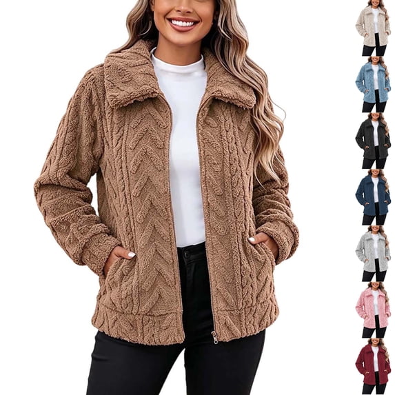 Husipze Womens Sherpa Fleece Jacket Collared Full Zip Long Sleeve Cozy Soft Textured Fuzzy Winter Coat Thick Warm Casual Outerwear Coffee XL