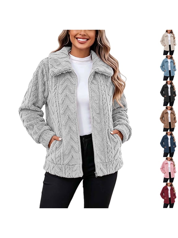 Womens Sherpa Fleece Jacket Collared Full Zip Long Sleeve Cozy Soft Textured Fuzzy Winter Coat Thick Warm Casual Outerwear Gray S
