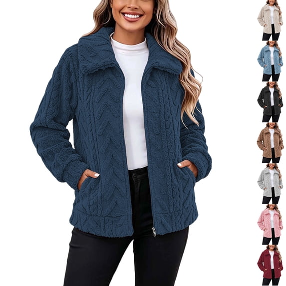 Husipze Womens Sherpa Fleece Jacket Collared Full Zip Long Sleeve Cozy Soft Textured Fuzzy Winter Coat Thick Warm Casual Outerwear Navy L