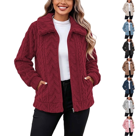 Husipze Womens Sherpa Fleece Jacket Collared Full Zip Long Sleeve Cozy Soft Textured Fuzzy Winter Coat Thick Warm Casual Outerwear Red M