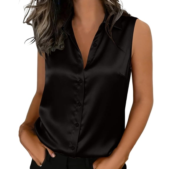 Husipze Womens Silk Satin Sleeveless Button Down Shirts Blouses Solid Casual Loose V Neck Classic Tank Tops for Work Office Black XXL