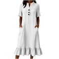 thumbnail image 1 of Husipze Womens Summer Cotton Linen Midi Dress Elbow Length Sleeve Button Front V Neck Casual Loose Dress with Pockets White S, 1 of 8