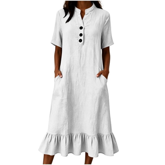 Husipze Womens Summer Cotton Linen Midi Dress Elbow Length Sleeve Button Front V Neck Casual Loose Dress with Pockets White S