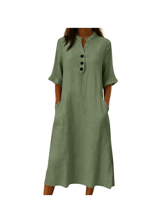 Womens Summer Cotton Midi Dress Elbow Length Sleeve Button Front V Neck Casual Loose Dress with Pockets Green XL