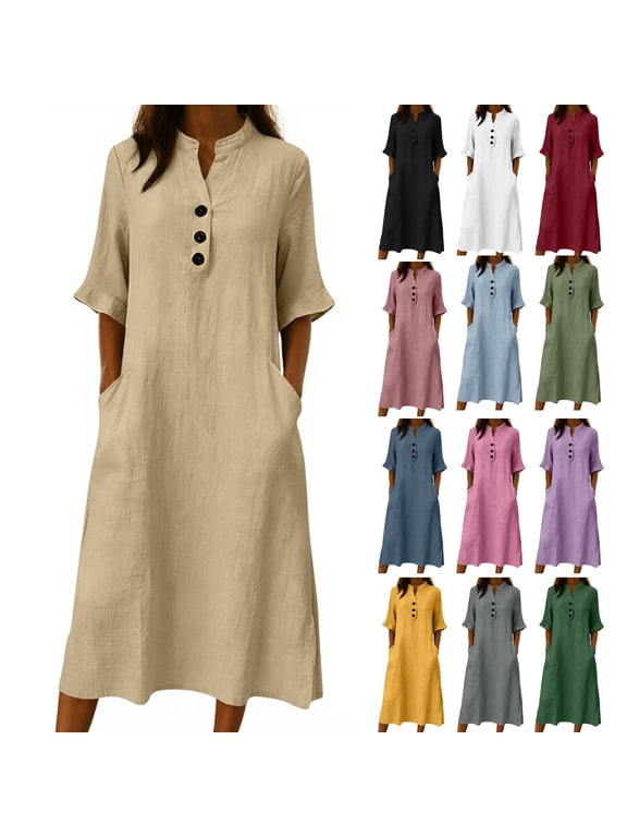 Womens Summer Cotton Midi Dress Elbow Length Sleeve Button Front V Neck Casual Loose Dress with Pockets Khaki XL