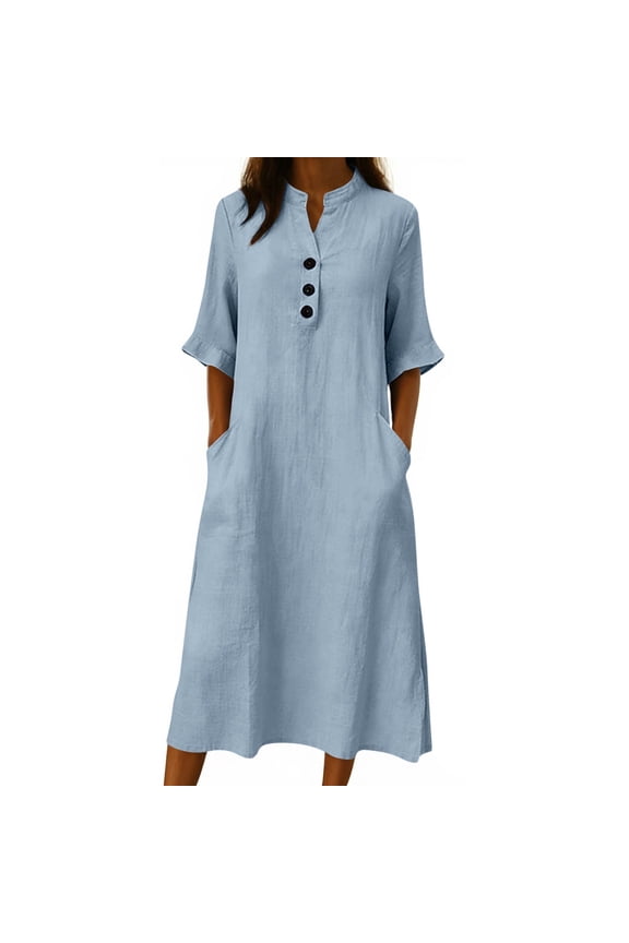 Womens Summer Cotton Midi Dress Elbow Length Sleeve Button Front V Neck Casual Loose Dress with Pockets Light Blue XL