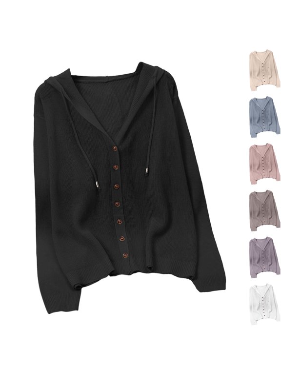 Womens Sweater Hooded Knit V Neck Button Down Long Sleeve with Drawstring Open Front Casual Loose Fit Cardigan Black Free Size