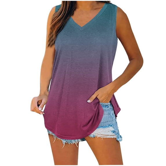 Husipze Womens Tank Tops V Neck Basic Gradient Print Casual Flowy Summer Sleeveless Loose Fit Tunic Shirt Basic Tanks Light Purple M