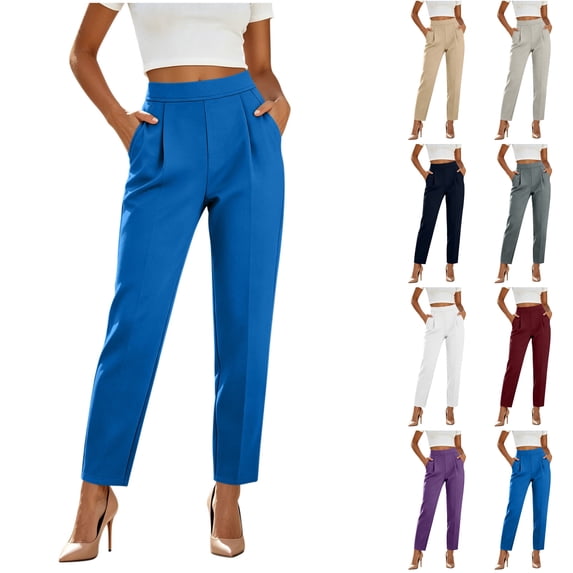 Husipze Womens Tapered Dress Pants High Waist Business Office Casual Slim Fit Bottoms Ankle Length Pleated Front Work Pants with Pockets Blue S