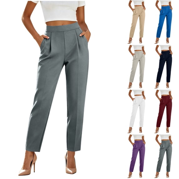 Husipze Womens Tapered Dress Pants High Waist Business Office Casual Slim Fit Bottoms Ankle Length Pleated Front Work Pants with Pockets Dark Gray S