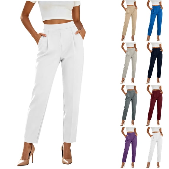 Husipze Womens Tapered Dress Pants High Waist Business Office Casual Slim Fit Bottoms Ankle Length Pleated Front Work Pants with Pockets White L