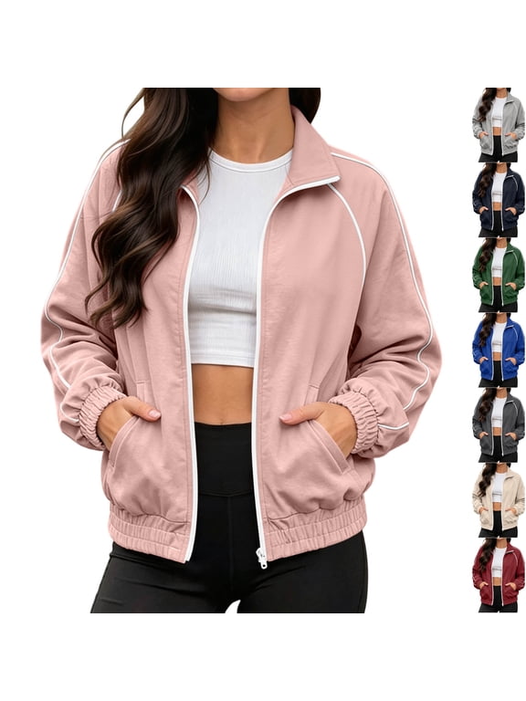 Womens Track Jacket Lightweight Stand Colla Full Zip Long Sleeve Athletic Coat Casual Sport Outerwear Pink 2XL