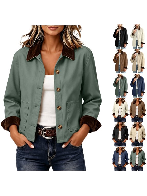 Womens Trench Coat Button down Long Sleeve Vintage Cropped Shacket Contrast Corduroy Lapel Collar Cuff Casual Trendy Outerwear Army Green S