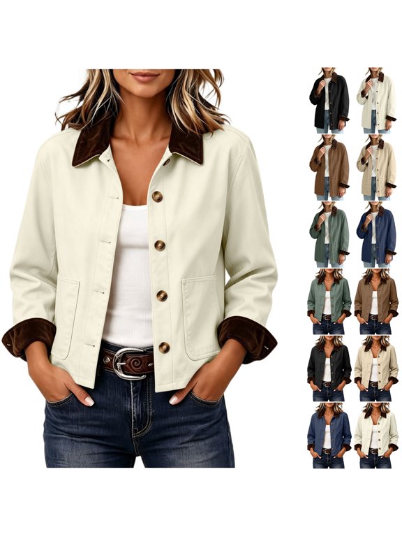 Womens Trench Coat Button down Long Sleeve Vintage Cropped Shacket Contrast Corduroy Lapel Collar Cuff Casual Trendy Outerwear Beige S