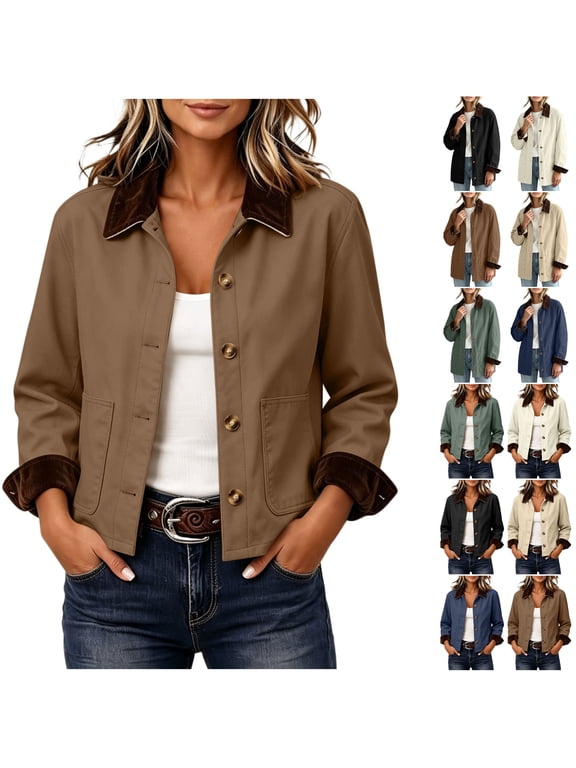 Womens Trench Coat Button down Long Sleeve Vintage Cropped Shacket Contrast Corduroy Lapel Collar Cuff Casual Trendy Outerwear Brown S