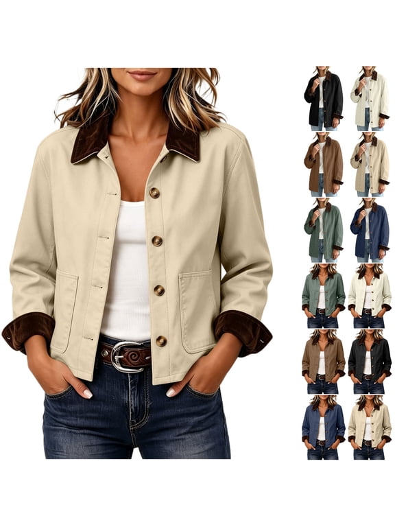 Womens Trench Coat Button down Long Sleeve Vintage Cropped Shacket Contrast Corduroy Lapel Collar Cuff Casual Trendy Outerwear Khaki M