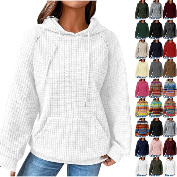Husipze Womens Waffle Knit Sweatshirt Solid Long Sleeve Drawstring Casual Fall Winter Hooded Pullover with Pockets White S
