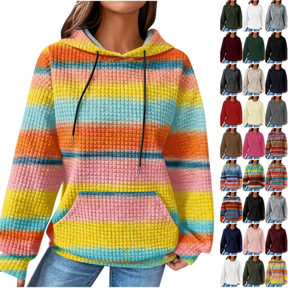 Husipze Womens Waffle Knit Sweatshirt Multi-Colored Striped Long Sleeve Drawstring Casual Fall Winter Hooded Pullover with Pockets Yellow L