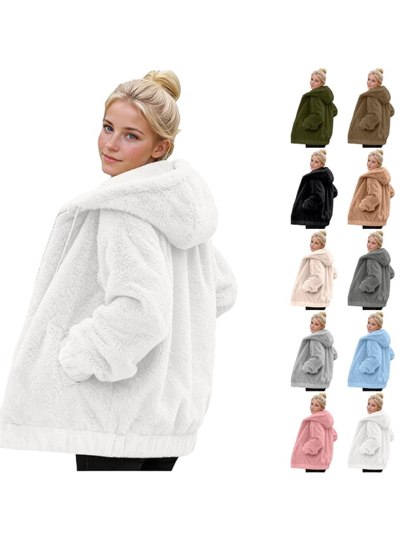 Womens Winter Warm Sherpa Jacket Fuzzy Fleece Hooded Zip Up Jackets Casual Long Sleeve Plush Coat Outerwear with Pockets White L