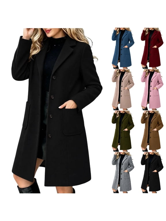 Womens Wool Blend Pea Coat Long Notch Lapel Overcoat Single Breasted Winter Coat Casual Warm Trench Coat Black S