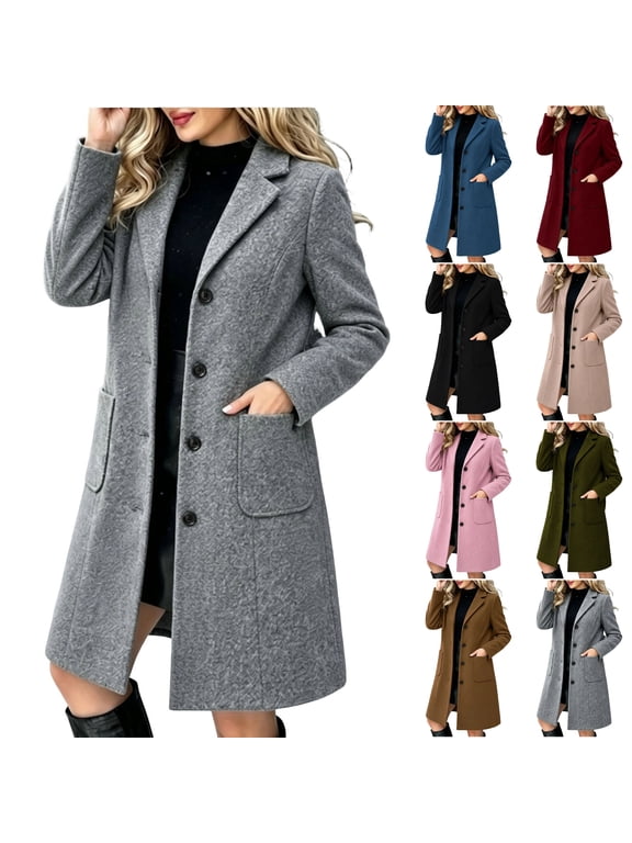 Womens Wool Blend Pea Coat Long Notch Lapel Overcoat Single Breasted Winter Coat Casual Warm Trench Coat Dark Gray 2XL