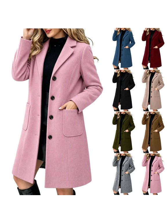 Womens Wool Blend Pea Coat Long Notch Lapel Overcoat Single Breasted Winter Coat Casual Warm Trench Coat Pink S