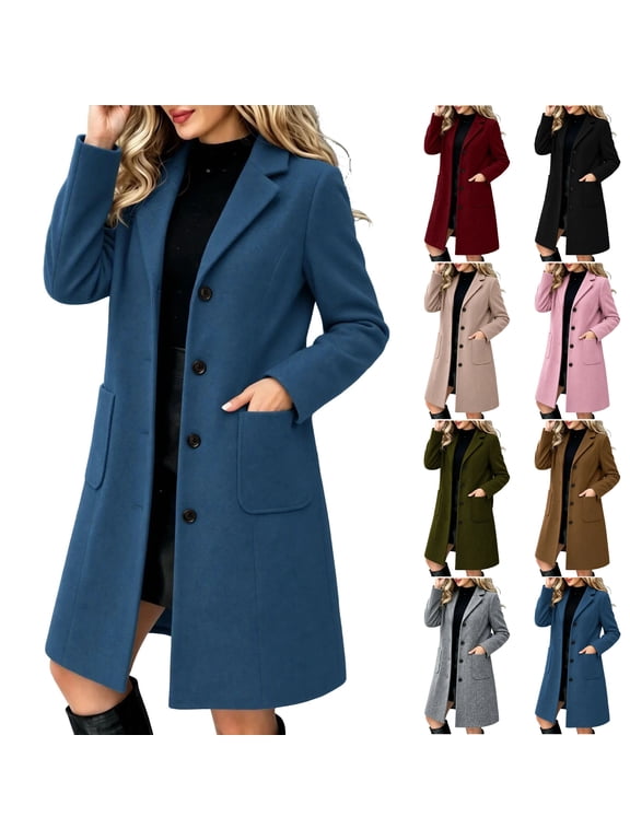 Womens Wool Blend Pea Coat Long Notch Lapel Overcoat Single Breasted Winter Coat Casual Warm Trench Coat Sky Blue S