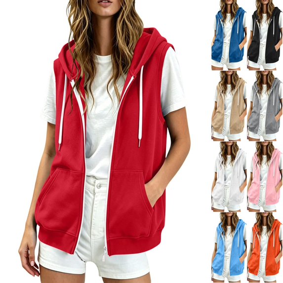 Husipze Zip Up Hoodies for Women Sleeveless Drawstring Pocket Fall Winter Casual Fashion Hooded Sweatshirt Sports Jacket Red M