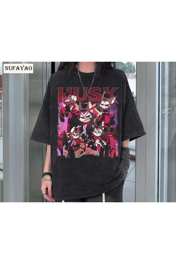Husk Demon Cat Cartoon T-Shirt, Hazbin Hotel Character Fan Tee
