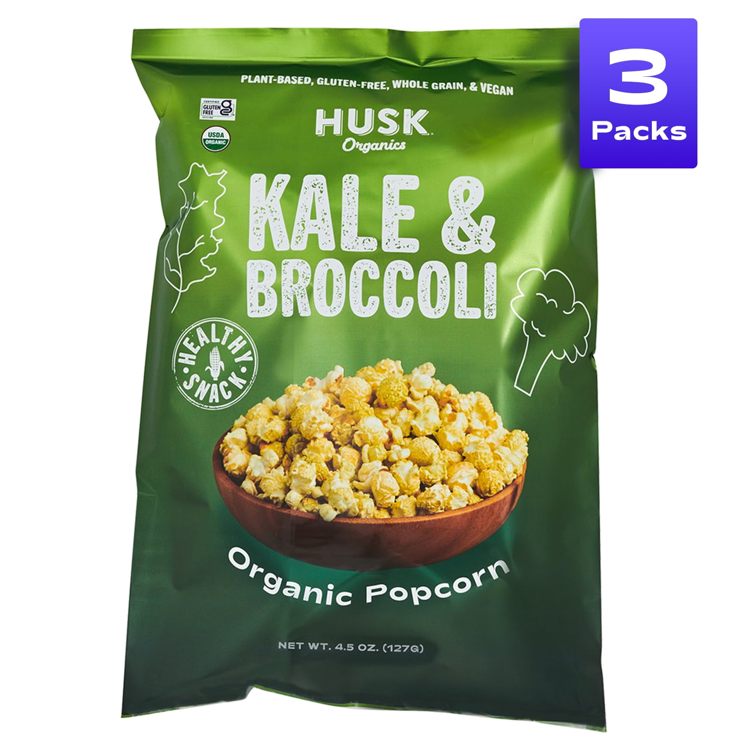 Husk Organics Popcorn 4.5 OZ Kale & Broccoli 3 Pack Scottie