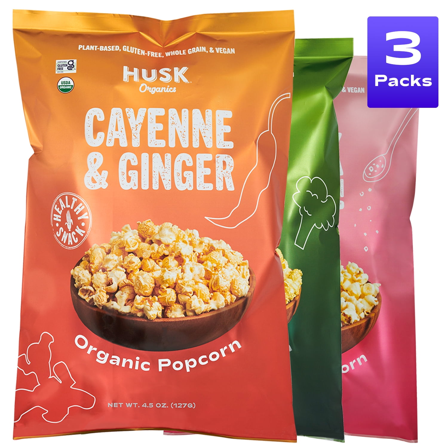 Husk Organics Popcorn 4.5 OZ Variety 3 Pack Scottie Pippen's Go