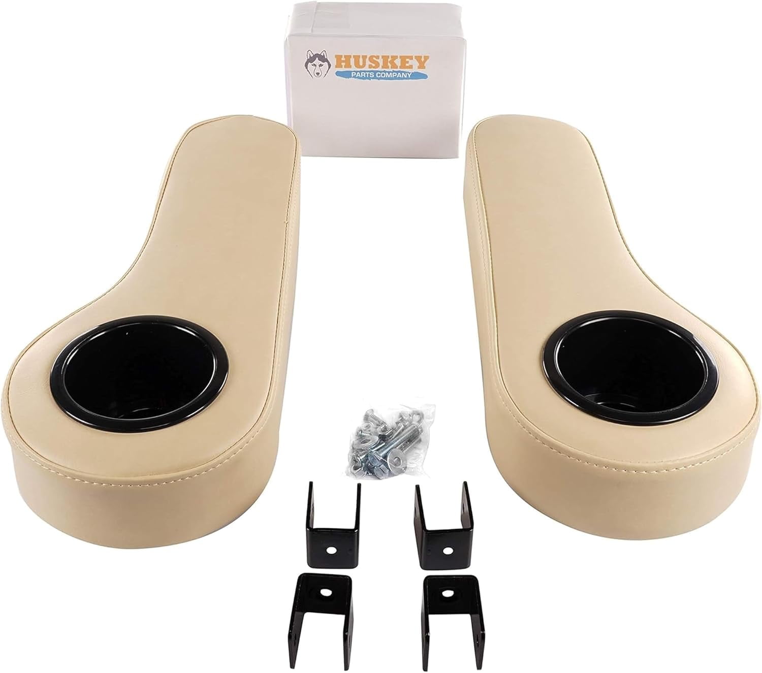 Huskey 2X Beige Rear Seat Arm Restswith Cup Holder Compatible with Yamaha, Club Car, EZGO TXT and All Other Models for an Upgraded Support Frame- Can be Installed by Drilling or Non-Drilling Brackets