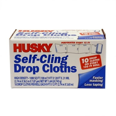 Husky 0.31 Mil High Density Clear Drop Cloth, 9' Width x 120' Length, Self-Cling, 10-Pack