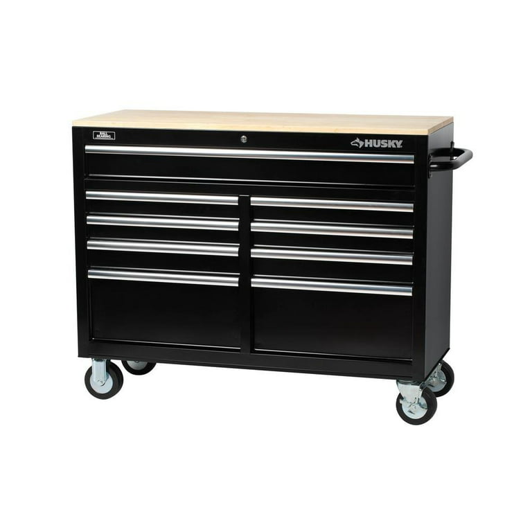 46 in. 9 Drawer Mobile Storage Cabinet with Solid Wood Top, Black