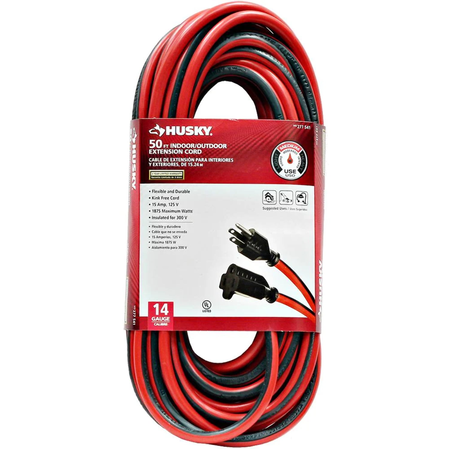Husky 50 Ft. 14/3 Medium-Duty Indoor/Outdoor Extension Cord, Red